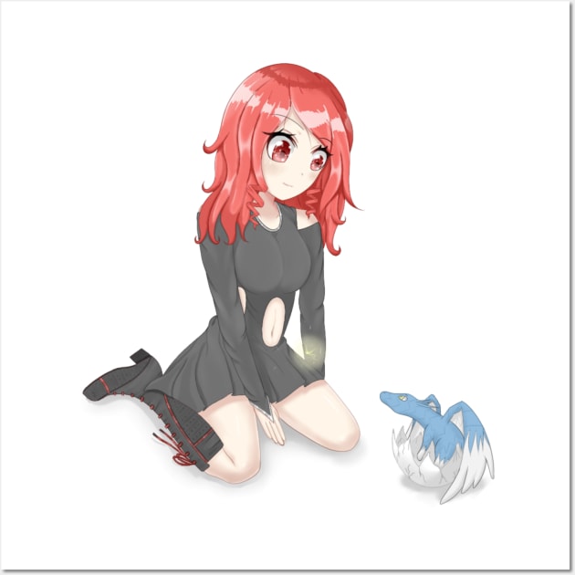 Red Hair Dragon Anime Girl With Baby Dragon Wall Art by Ghosyboid